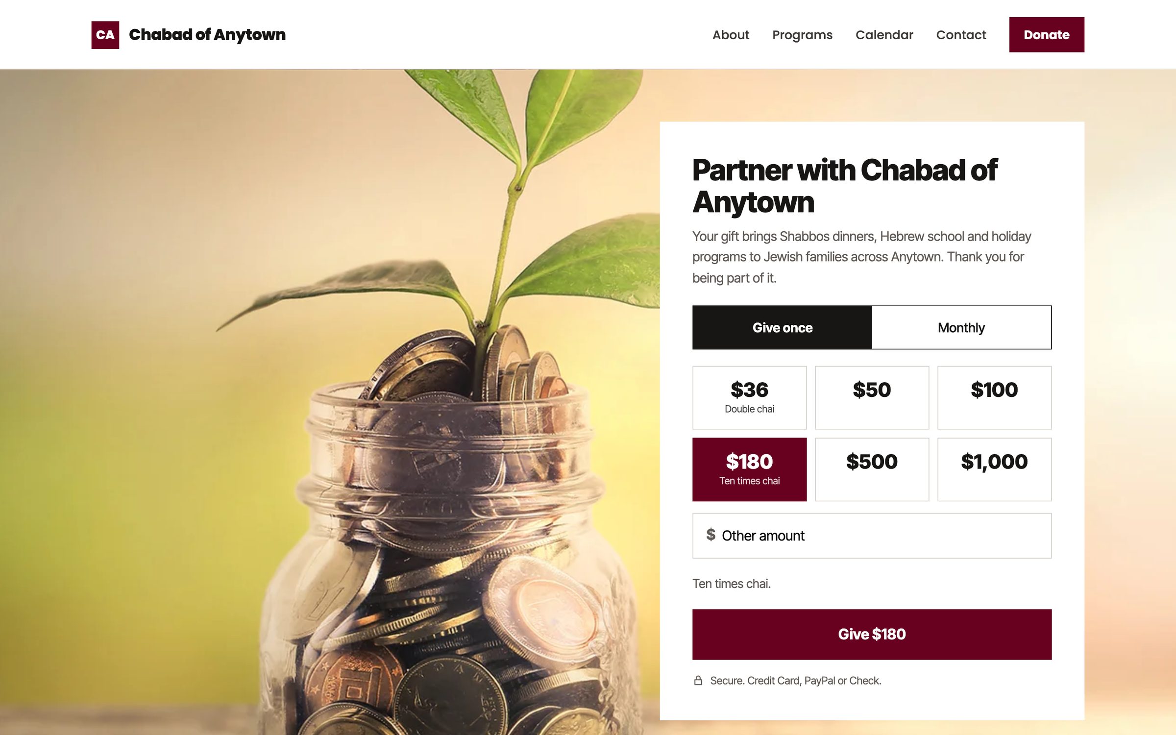 A ChabadOne donate page with GiveKit: a photo behind a clean white panel with a once or monthly switch, six chai amounts and a large Give $180 button.