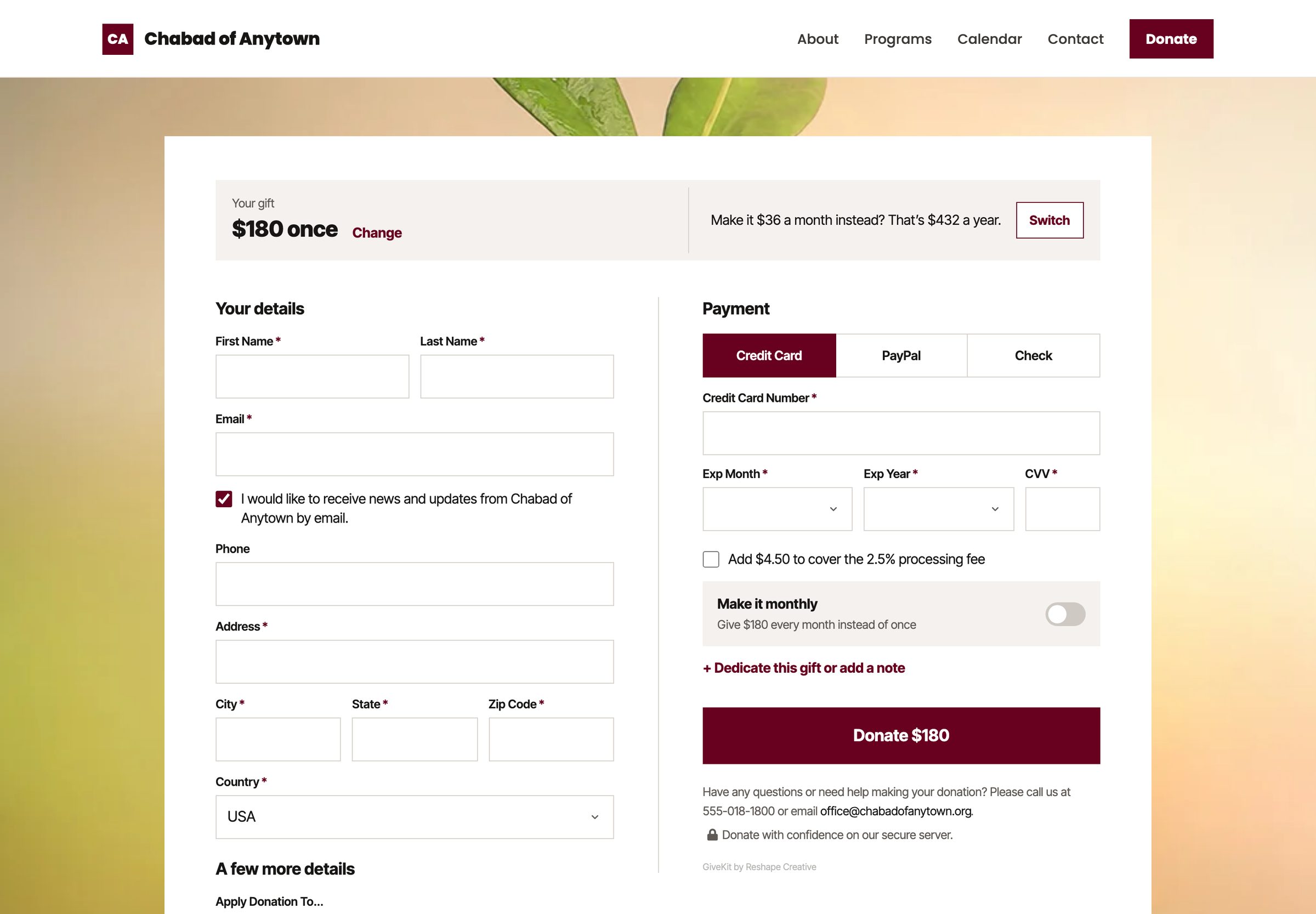 Step two: a wide panel with the gift summary and monthly offer on top, contact details on the left and payment on the right.