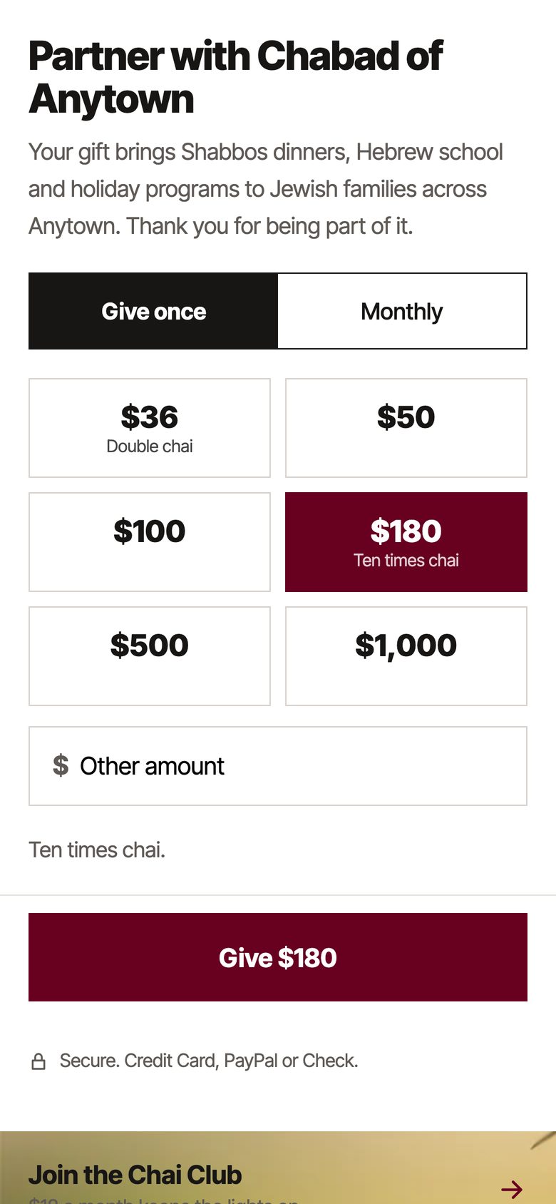 Phone: chai amounts and a Give $180 button that stays in reach.