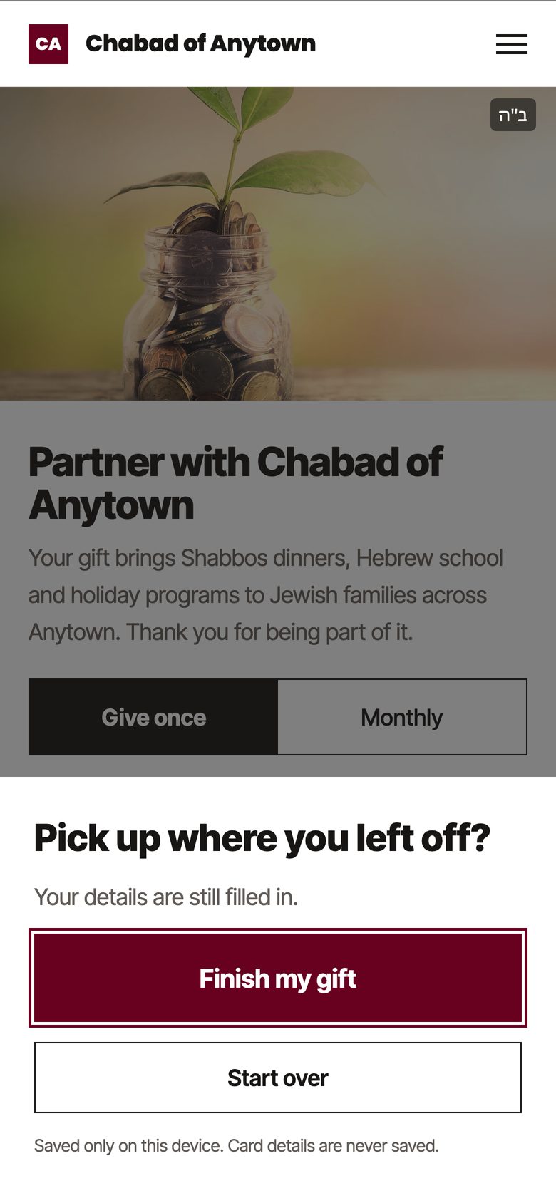A phone asking Pick up where you left off? with a Finish my gift button.