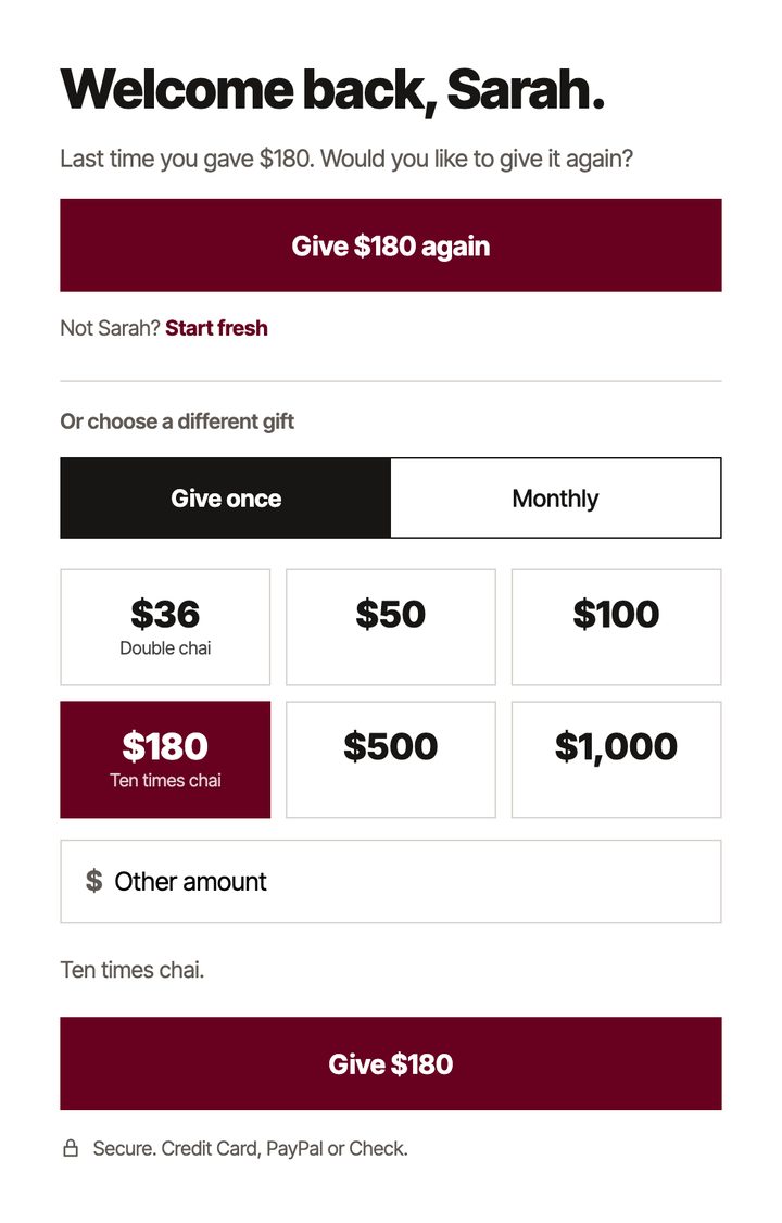 Welcome back, Sarah, with a button to give $180 again and a Not Sarah? Start fresh link.